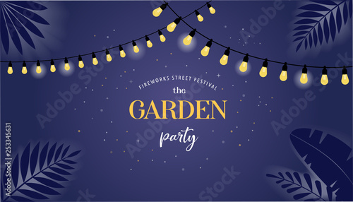 Night garden party banner, invitation card. Vector design