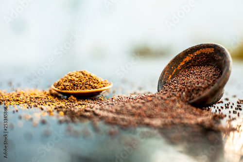 Raw organic herbal spice Mustard seeds or sarso or rai or Brassica nigra, in a clay bowl along with its powder in another bowl on wooden surface.