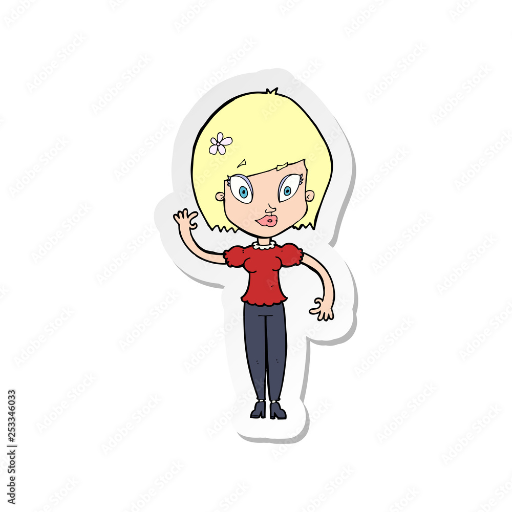 sticker of a cartoon pretty woman waving