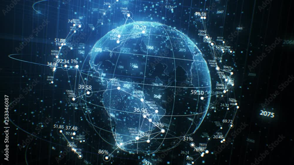 Earth Planet Hologram and Network Grid with Numbers Seamless Rotation in Cyberspace Elements. Looped 3d Animation. Futuristic Business and Technology Concept 4k Ultra HD 3840x2160