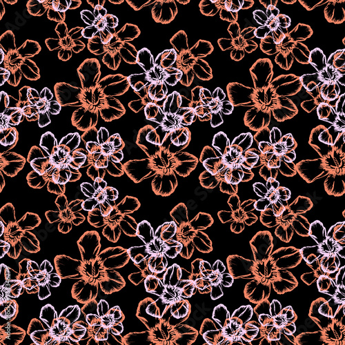 Abstract seamless floral pattern with small hand drawn linear pink orange bright flowers on black background. Endless texture. illustration