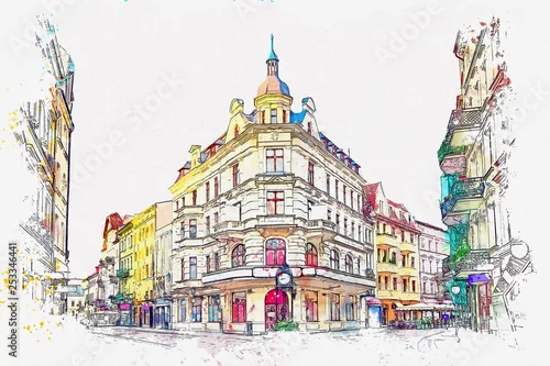 Obraz Akwarela szkic lub ilustracja pięknego widoku tradycyjnej europejskiej architektury miejskiej w Toruniu w Polsce