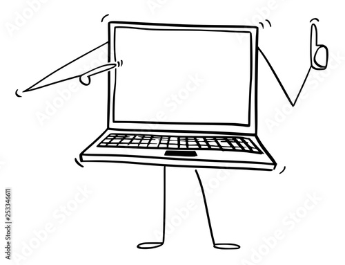 Cartoon stick figure drawing conceptual illustration of laptop or notebook computer character pointing at empty screen and showing thumb up. There is space for your text.