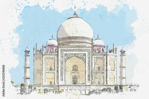 Photography Watercolor sketch or illustration of the beautiful view of the Taj Mahal in Indi