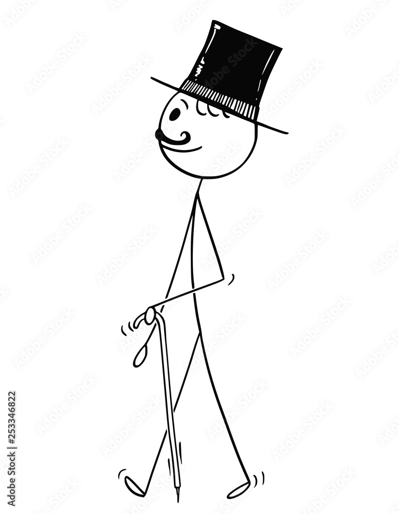 Cartoon stick figure drawing conceptual illustration of mustached gentleman  walking with top hat and stick or cane. Stock ベクター | Adobe Stock