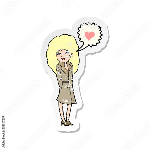 retro distressed sticker of a cartoon trenchcoat wearing woman in love