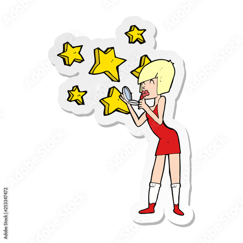 sticker of a cartoon woman applying lipstick