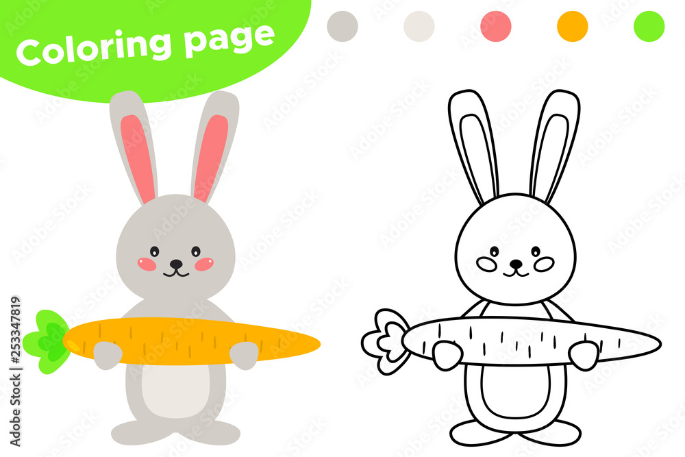 Spring coloring page, cute cartoon kawaii rabbit with big carrot. Educational game for preschool kids. Vector illustration. Spring coloring page, cute cartoon kawaii rabbit with big carrot. Educational game for preschool kids. Vector illustration.