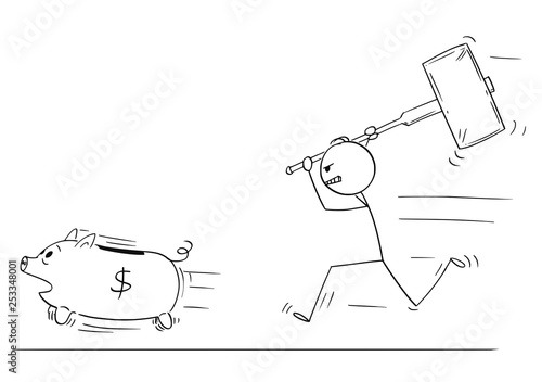 Cartoon stick figure drawing conceptual illustration of angry man or businessman chasing running piggy bank pig with big hammer.