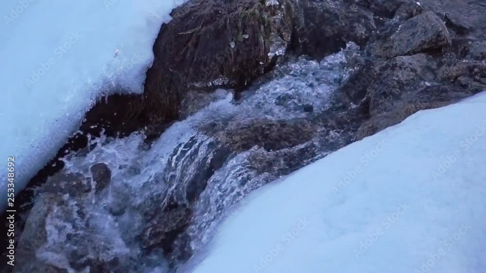 Cascading water along a creek surrounded by snow and ice Cascading water along a creek surrounded by snow and ice