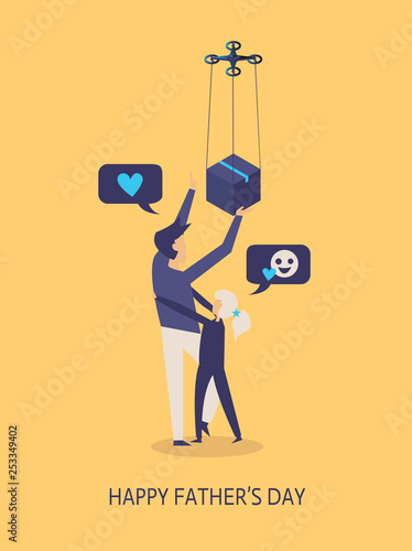 Happy Father’s Day Banner with Cartoon Family, Gift Box, Dron, Background for Posters, Flyers, Marketing, Greeting Cards. Vector illustration.