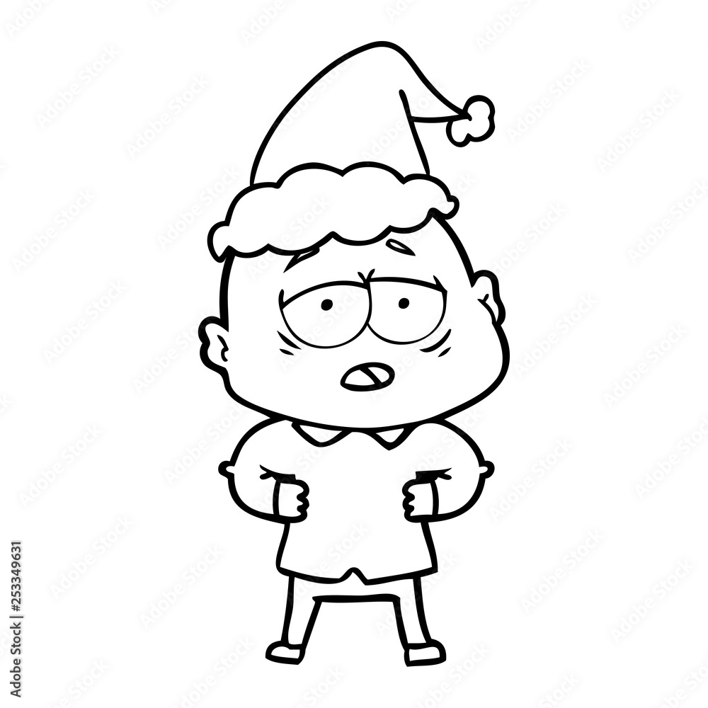 line drawing of a tired bald man wearing santa hat line drawing of a tired bald man wearing santa hat