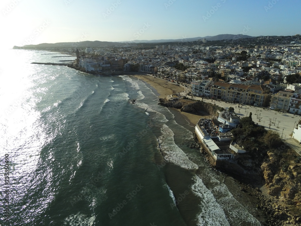 Aerial view of Sitges. Village of Barcelona. Catalonia. Spain. Drone photo