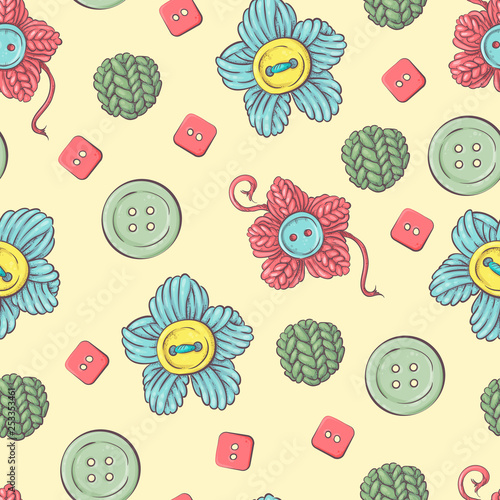Cute seamless pattern of balls of yarn, buttons, skeins of yarn or knitting and crocheting.