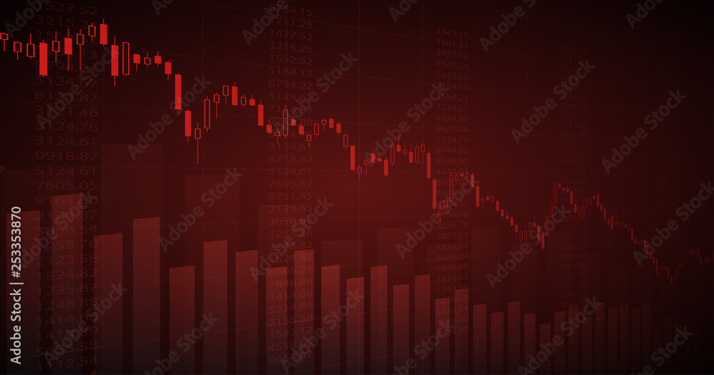 Widescreen abstract financial chart with downtrend line graph in stock market in red color background Widescreen abstract financial chart with downtrend line graph in stock market in red color background
