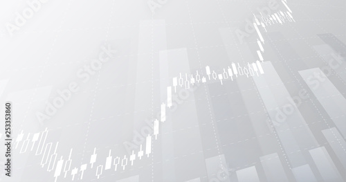 Widescreen Abstract financial chart with uptrend line graph and candlestick on black and white color background