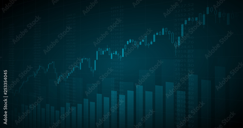 Widescreen Abstract financial graph with uptrend line and bar chart of stock market in blue color background