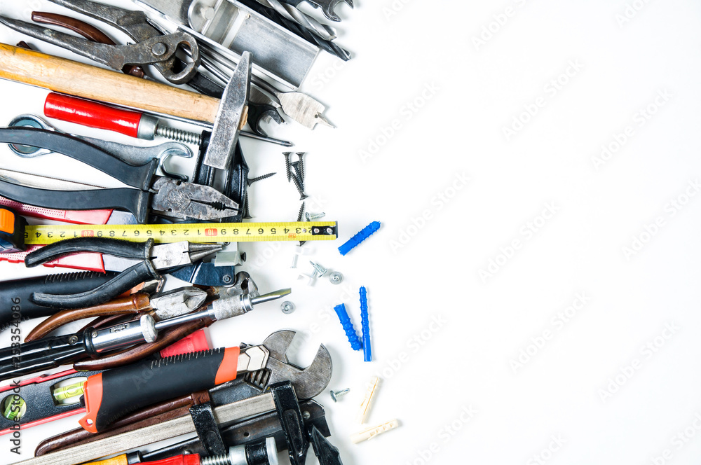 Home tools on white background. Space for text or design Home tools on white background. Space for text or design