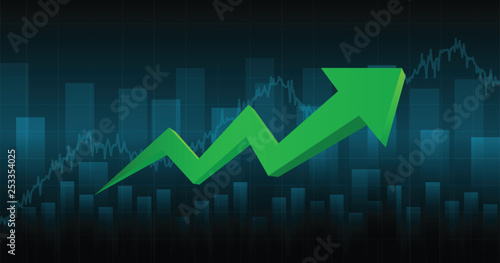 Widescreen Abstract financial graph with uptrend line arrow and bar chart of stock market in green color background