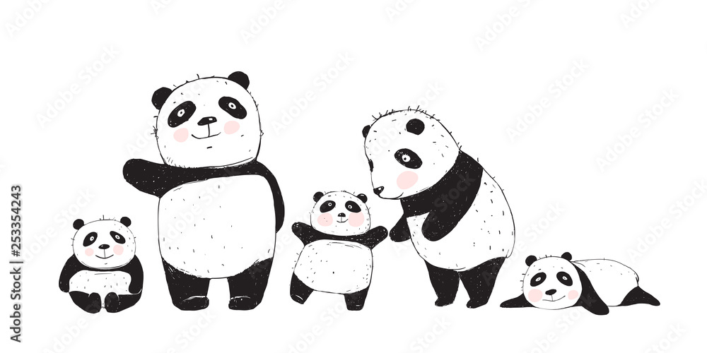 Obraz premium Big Family of Pandas Parents and Kids