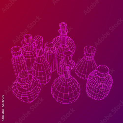 Different wine bottles. Model wireframe low poly mesh vector illustration