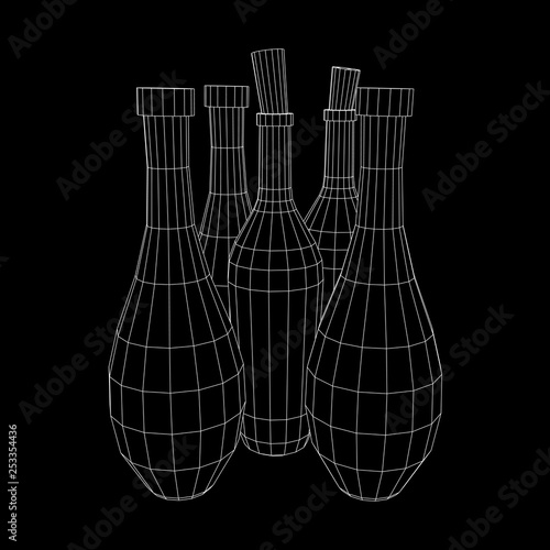 Different wine bottles. Model wireframe low poly mesh vector illustration