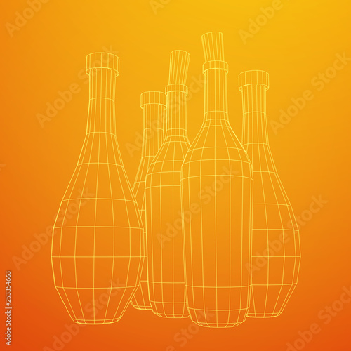 Different wine bottles. Model wireframe low poly mesh vector illustration