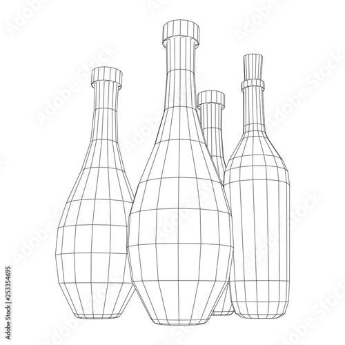 Different wine bottles. Model wireframe low poly mesh vector illustration