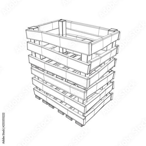 Wooden box for transportation and storage of products. Empty crate for fruits and vegetables. Model wireframe low poly mesh vector illustration