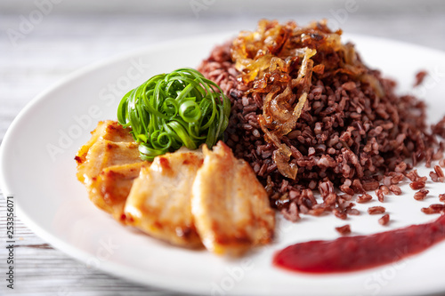 red rice with chicken and caramelized onions cranberry sauce