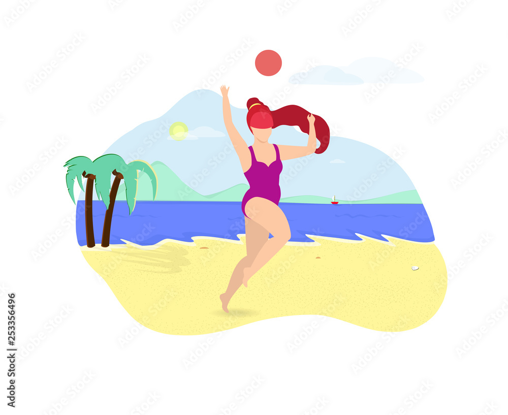 Ginger Girl Playing with Ball on Sea Side Beach. Ginger Girl Playing with Ball on Sea Side Beach.
