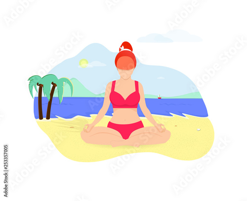 Ginger Woman Doing Yoga Asana on Seaside Beach © Ekaterina