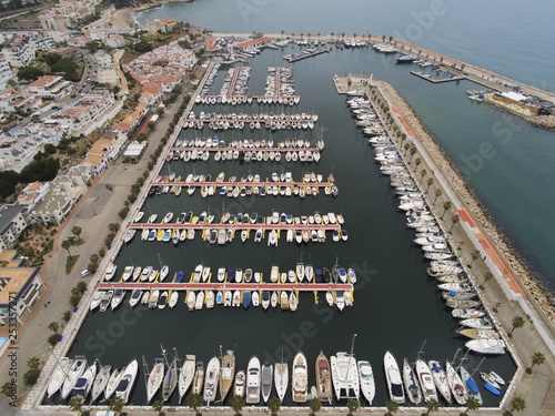 Sitges by Drone. Aiguadolc harbor. Barcelona. Spain. Aerial photo