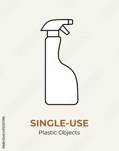 Single-use plastic household chemistry spray bottle. Vector illustration of recycling plastic bottle. Household plastic houseware. Flat logo for ecological poster, pollution and environment concept.