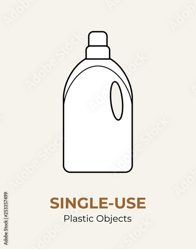 Single-use plastic household chemistry  bottle. Vector illustration of recycling plastic bottle. Household plastic houseware. Flat logo for ecological poster, postcard, pollution environment concept.