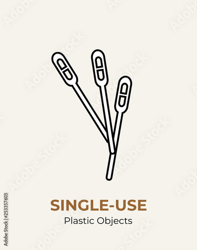 Stirrer single-use plastic cutlery. Vector illustration set of recycling plastic items. White food plastic stirrer flat logo for ecological poster, postcard, banner, pollution and environment concept.