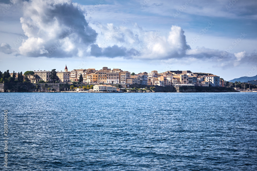 Corfu town - Greece. View from the sea. Looking towards the buildings of Corfu Town from Kerkira harbour on the Greek island of Corfu. Corfu is the second largest of the Ionian islands.