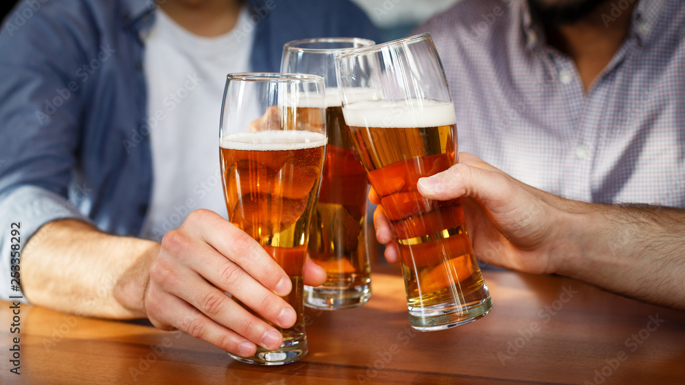 Cheers. Friends toasting beer glasses, resting at the pub Cheers. Friends toasting beer glasses, resting at the pub