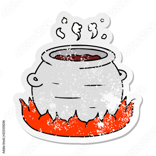 distressed sticker cartoon doodle of a pot of stew