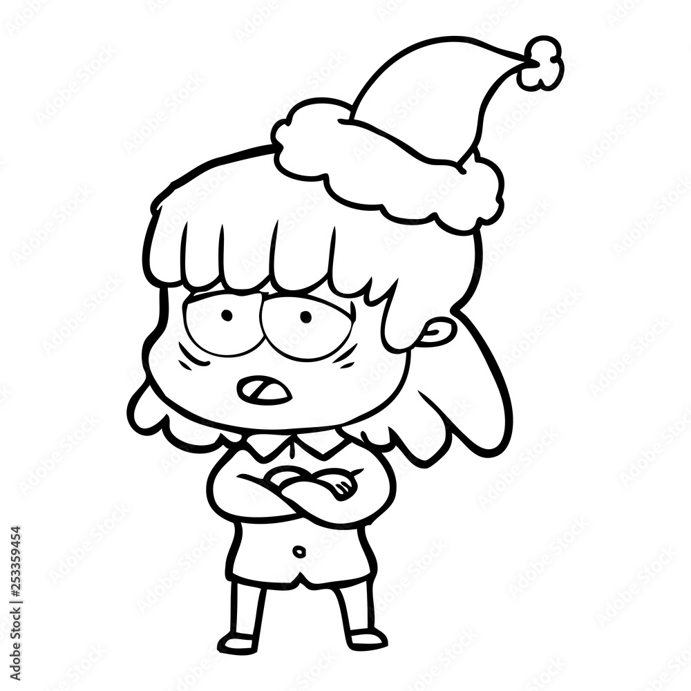 line drawing of a tired woman wearing santa hat line drawing of a tired woman wearing santa hat