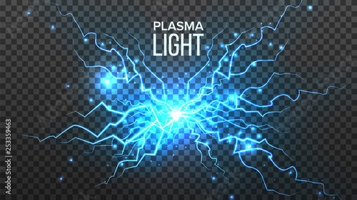 Plasma Light Vector. Electric Power. Energy Effect. Blue Spark Bolt. Realistic Isolated Transparent Illustration photo