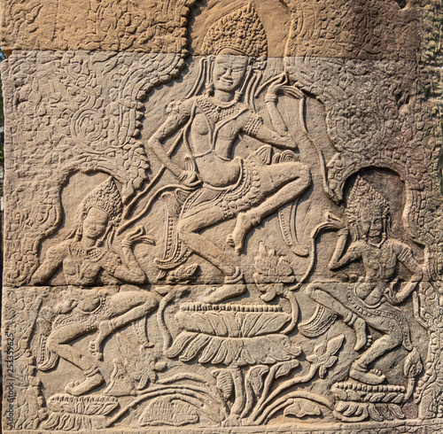 Relief of Apsara dansers in Bayon temple in Angkor Thom. Cambodia