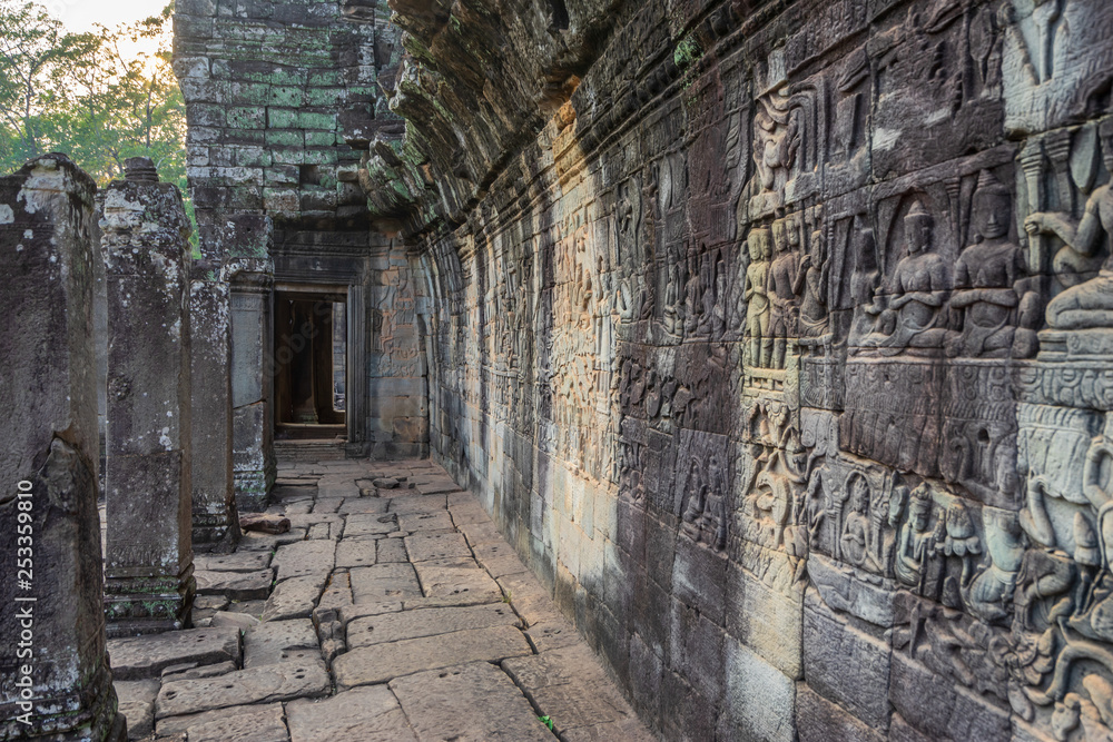 Relief on the wall of gallery of Bayon temple in Angkor Thom. Cambodia