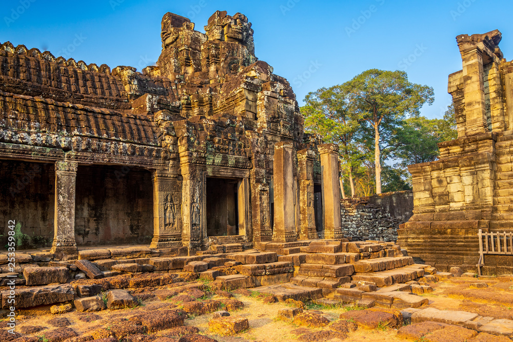 Bayon temple in Angkor Thom, Cambodia: first enclosure wall, galleries and face towers.