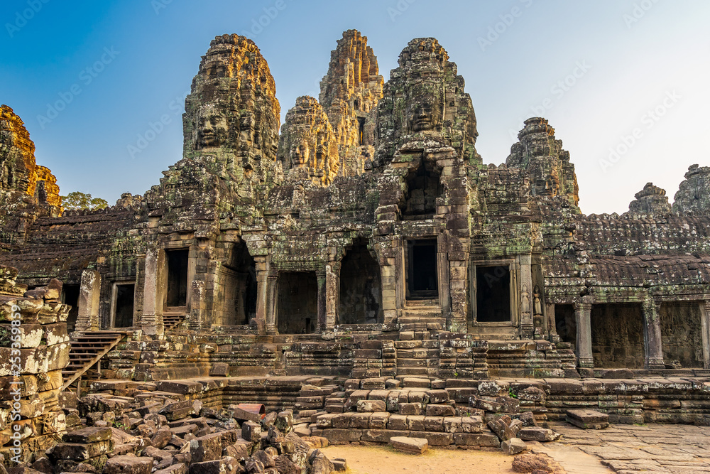 Bayon temple in Angkor Thom, Cambodia: first enclosure wall, galleries and face towers.