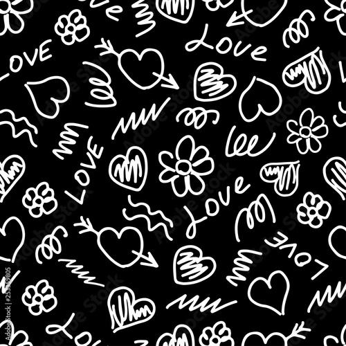 Seamless pattern. Hearts and flowers on a black background. Vector drawing. Texture.