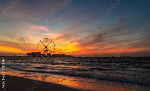 Canvas Print Dramatic sunset over the Bluewaters Island, Dubai, UAE.