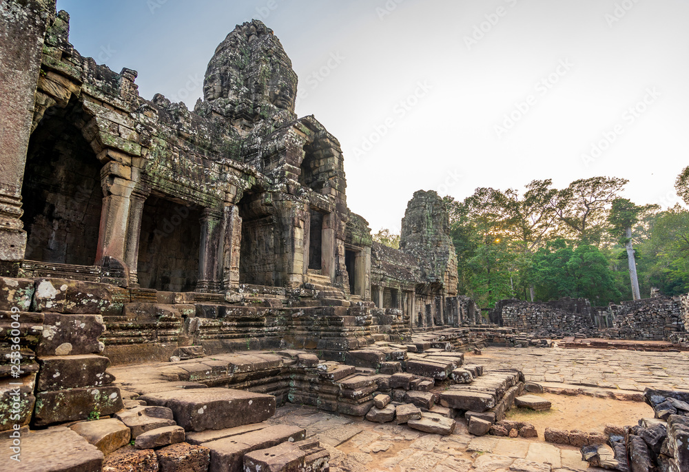 Bayon temple in Angkor Thom, Cambodia: first enclosure wall, galleries and face towers.