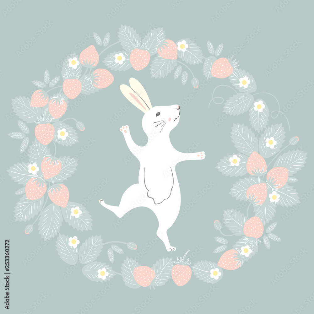 Obraz premium Easter Bunny character. Happy running and dancing bunny. Flower strawberry frame silhouette