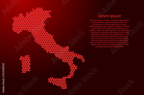 Italy map abstract schematic from red triangles repeating pattern geometric background with nodes for banner, poster, greeting card. Vector illustration.